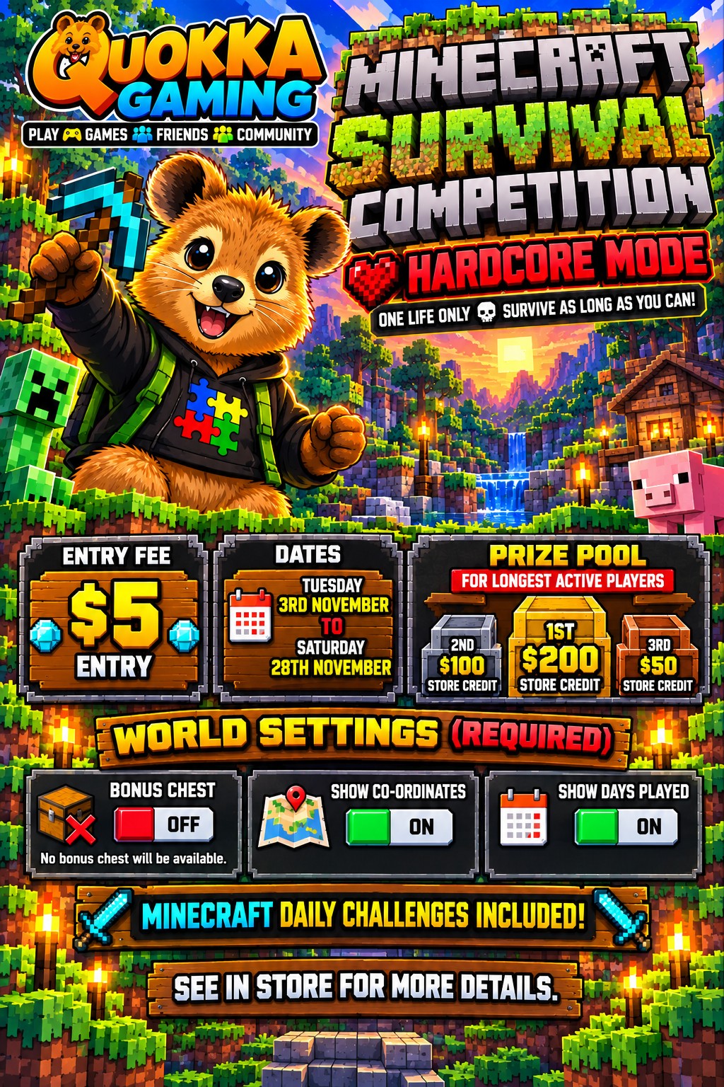 Quokka Gaming Minecraft Survival Competition Hardcore Mode